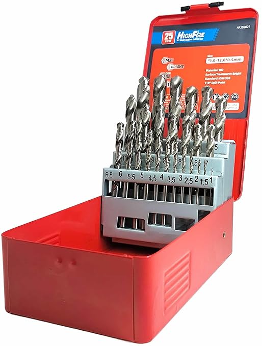 HIGHFIRE 25PCS HSS Metric Drill Bits Set (1mm-13mm/25pcs), Straight Shank Jobber Drill Bits, Metal HSS Twist Drill Bits for Stainless Steel Hard Metal and Cast Iron