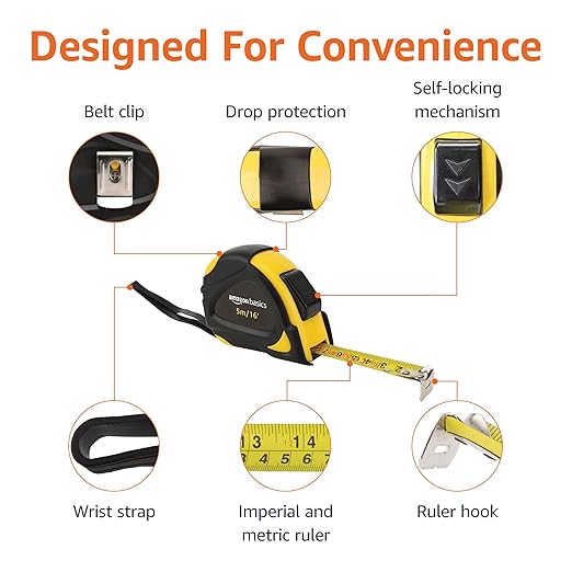 Amazon Basics Self-Locking Tape Measure, MID Accuracy, 16-Feet (5-Meters), Black, Yellow