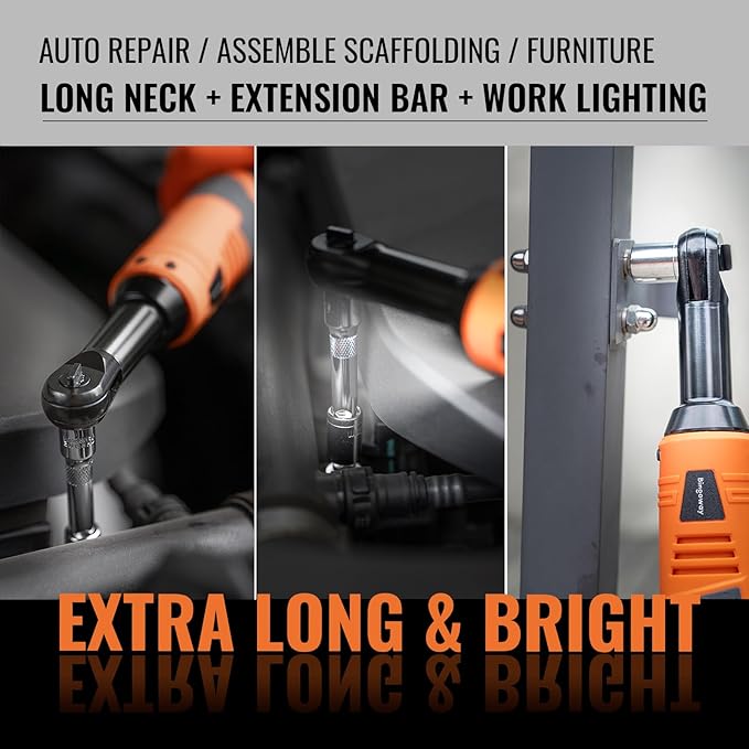 3/8" Extended Electric Ratchet Wrench Set, 45ft-lbs 600 RPM Cordless Long Neck Power Ratchet Wrench Kit with 2pcs Batteries, LED Light, 9 Sockets, Toolbox, Variable Speed, For Housework, Car Repair
