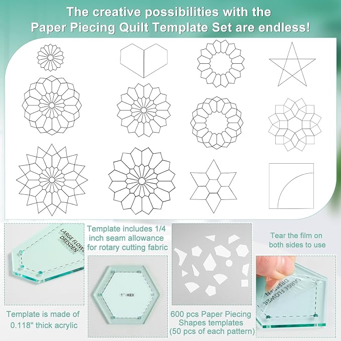 Cinnvoice 612 Pcs Patchwork Paper EPP English Piecing Supplies 12 Shapes - Image 3