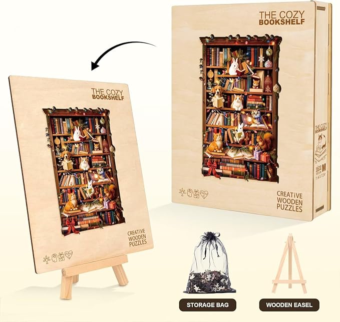 Animal Cozy Bookshelf Puzzles Adults Gifts Wooden 200 Pieces 13.4 * 8.5in - Image 5