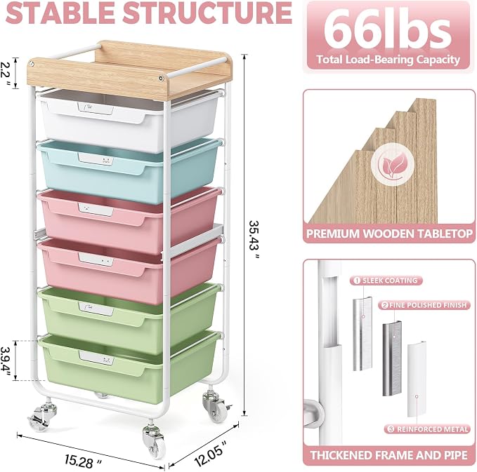 6 Drawer Rolling Cart for Craft Storage, Utility Drawer Organizer - Image 3