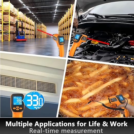Infrared Thermometer Gun -58°F to 1472°F, 12:1 Laser Temperature Gun with -58°F to 572°F K-Type Probe, Dual-Mode Thermometer Guns Suitable for Cooking & Industry Measurements