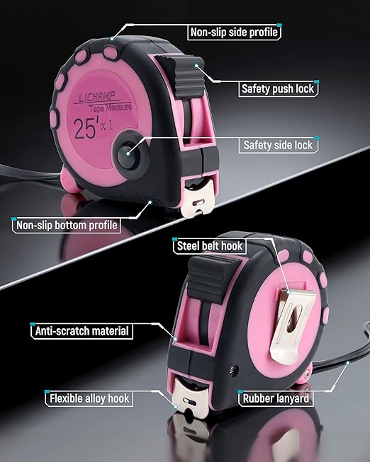 Lichamp Pink Tape Measure 4 Pack, with Soft Tape Measures, 10ft x 5/8in, 16ft x 3/4in, 25ft x 1in, 04MXPK