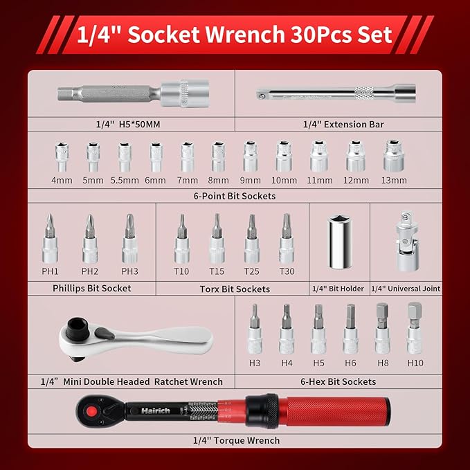 1/4-Inch Drive Torque Wrench Set,2.3-24.9 N.M/20-220IN.LB, Bike Torque Wrench Set,30PCS Click Torque Wrenches with 1/4 Ratchet Wrench, Extension Bar, Sockets for Bicycle