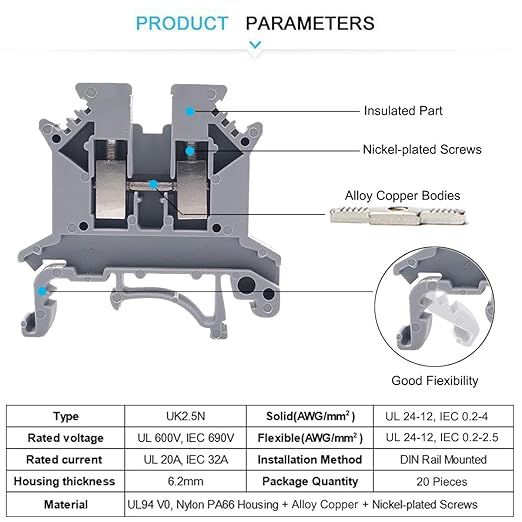 Erayco DIN Rail Terminal Blocks Kit, 20PCS UK2.5B Terminal Blocks 12 AWG Gauge, 20A 600V, 2PCS Ground Blocks, 4PCS Jumpers, End Stopper, End Covers, Marker Strip, 1Pcs 8" Aluminum Rail