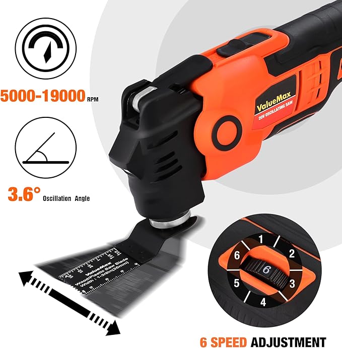 ValueMax 20V Cordless Oscillating Tool with Battery, 3.6°Oscillation Angle Oscillating Saw, 6 Variable Speed Oscillating Multi Tool with Quick-Lock Change System, 16PCS Multitool Blades & Carrying Bag