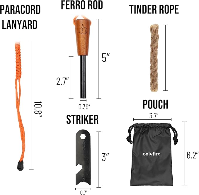 Fire Starter Survival Tool, Ferro Rod Kit with Tinder Wick, Pouch, Waterproof Flint and Steel Fire Starter for Camping, Hiking and Backpacking Gear