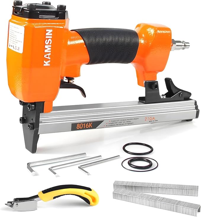 Kamsin 8016K Pneumatic Upholstery Staple Gun 21 Gauge Upholstery Stapler Fits 80 Series Staples with 1/2-Inch Crown and 1/4-Inch to 5/8-Inch Leg Length for Furniture, Cabinet and Woodworking (8016K)