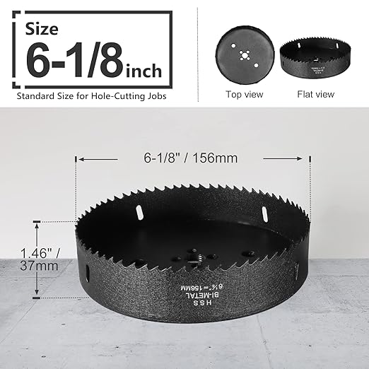 6-1/8 Inch Hole Saw with 1/2" Hex Shank Quick Change Arbor, JTemgle Bi-Metal Hole Saw Heavy Duty Hole Cutting Tool for Cornhole Boards, Recessed Lights, Wood, Plastic, Drywall & Soft Metal