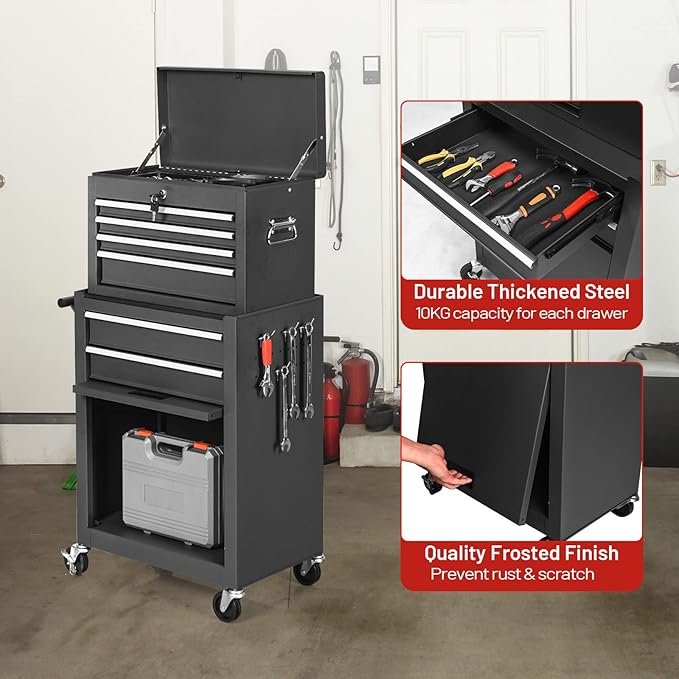 S AFSTAR 6-Drawer Rolling Tool Chest, High Capacity Tool Storage Cabinet with 4 Hooks, Locking System and Universal Wheels, 2-in-1 Detachable Large Toolbox for Garage Workshop (Black)