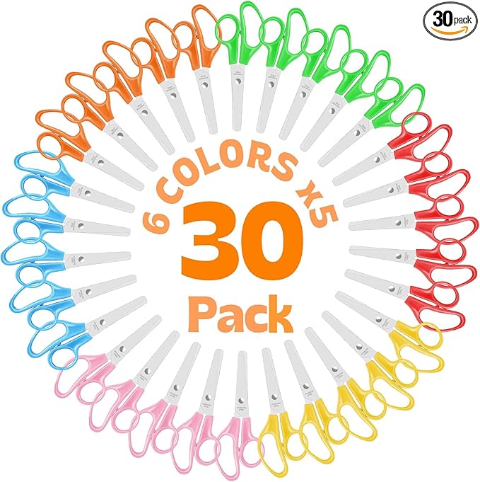 30 Pack Kids Scissors, 5" Scissors for School Classroom, Right & Left Handed Scissor with Comfort Grip Blunt Tip Scissor for Kids School Supplies for Student Teacher, Assorted Colors