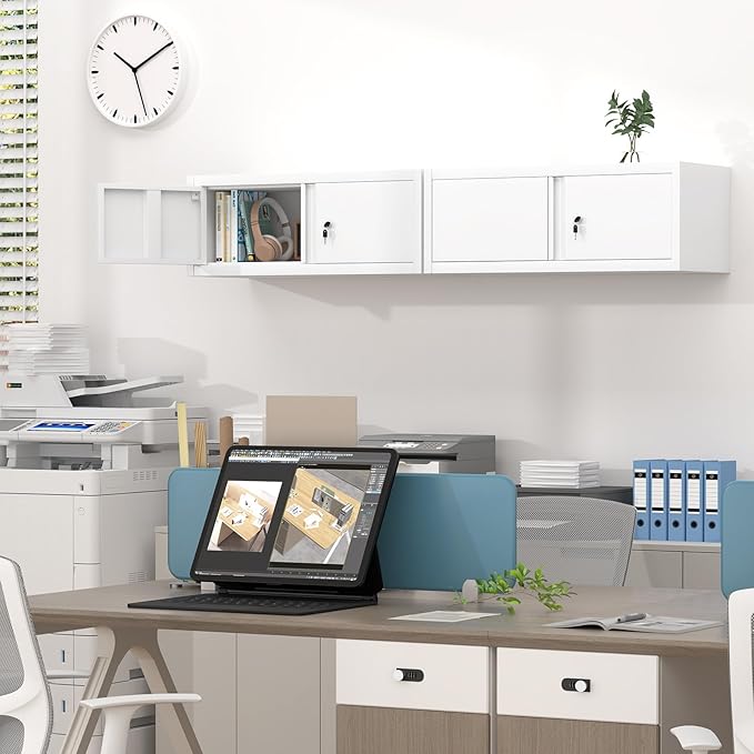 GREATMEET 13" H Metal Cabinets with Doors and Shelves, Metal Wall Cabinet with Lock, Wall Storage Cabinet for Living Room, Kitchen, White