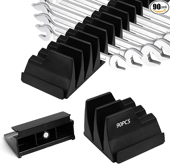 90 pcs Magnetic Modular Wrench Organizers for Tool Drawers, Black Tool Organizers- Wrench Rack with Metric & SAE Labels, Customizable Magnet Tool Storage Holder Festival for Mechanics