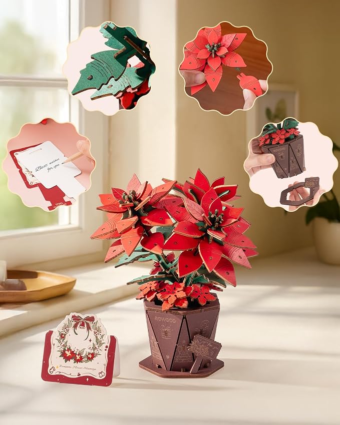 Rowood 3D Puzzles for Adults, Poinsettia Building Set Craft Kit, Artificial - Image 7