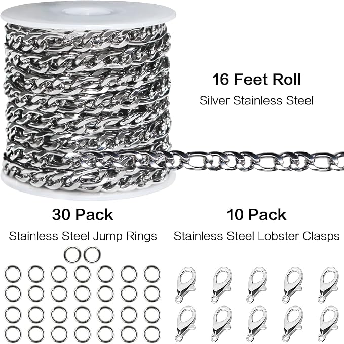 Jishi 16ft Figaro Chain Roll 6mm Silver Stainless Steel Necklace Chain - Image 2