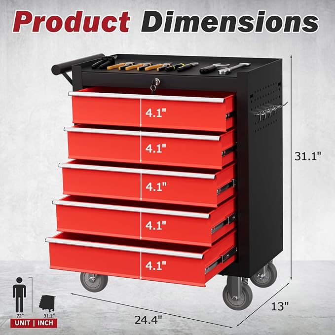 Rolling Tool Chest with Drawers, 5 Drawers Tool Chests & Cabinets, Metal Toolbox with Wheels, Lockable Storage Cabinet, Garage Tool Box with Drawers (BlackRed, 5 Drawers)
