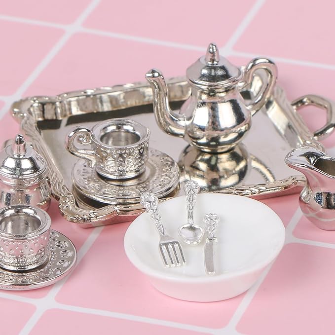 24 Pieces 1:12 Miniature Tea Set Metal Mini Teapot Tiny Tea Cup Mini Doll - Image 5