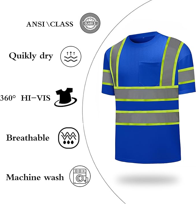 High Visibility Shirts Quick Dry Safety T Shirts with Reflective Strips and Pocket Short Sleeve Mesh Hi Vis Construction Work Class 2 Shirt for Men/Women Blue,5XL