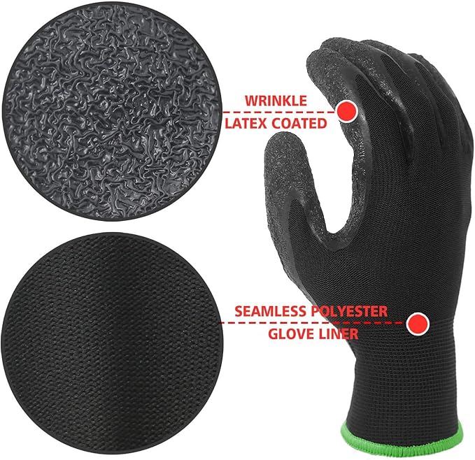 Evridwear Crinkle Latex Rubber Hand Coated Safety Work Gloves for Men Women General Multi Use Construction Warehouse Gardening Assembly Landscaping (XL-Size) 12 Pairs Pack