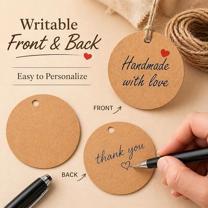 50 Pcs Handmade with Love Tags, Gift Tags with Jute String Small Round Brown - Image 2