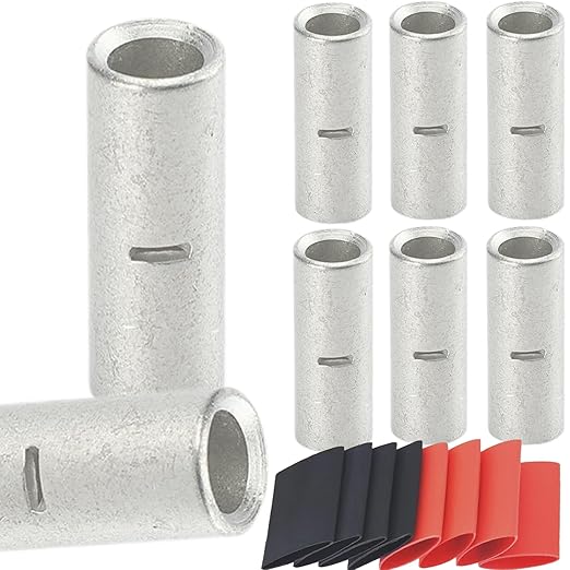 SVAAR 2 Gauge Butt Connectors 8PCS 2 AWG Uninsulated Butt Splice Connectors Tinned Copper Marine Crimp Butt Splices Kit Seamless Barrel Butt Terminals for 2 Gauge Wire & 8PCS 3:1 Heat Shrink Tube