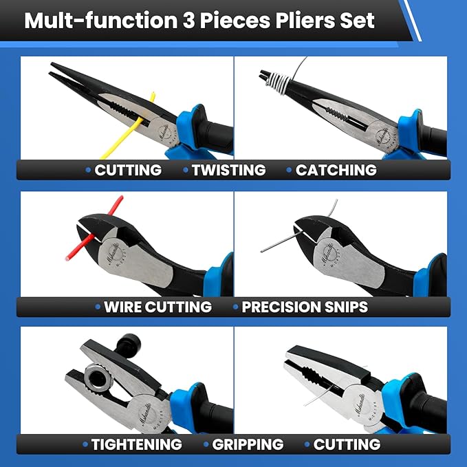 3 Pieces Plier Set, Including 8" Needle Nose Pliers, 8" Linesman Pliers and 7" Diagonal Cutting Pliers, Premium Cr-V Construction for Plumbing, and General Applications Multi-use Tools