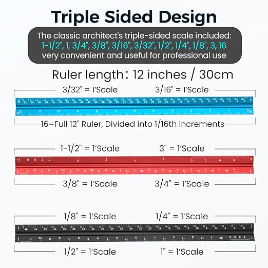 Rena Chris 2PCS Architectural Scale Ruler: 12" Imperial Aluminum Alloy Metal - Image 3