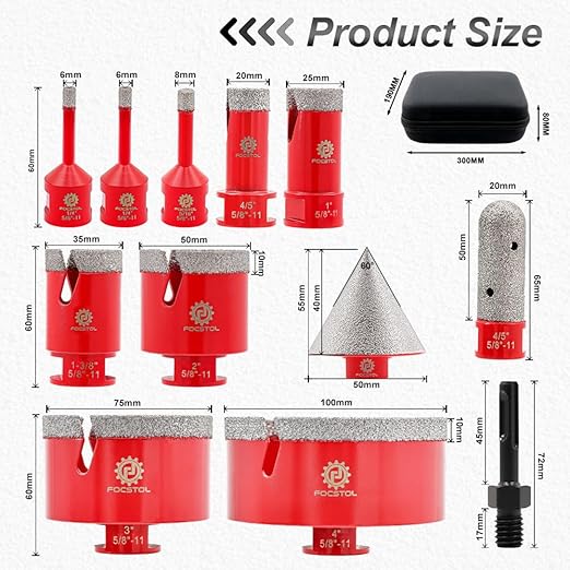 Diamond Core Drill Bit Set - 12pcs (6/6/8/20/25/35/50/75/100mm+20mm Finger Milling Bit+50mm Beveling Chamfer Bit+SDS) Diamond Hole Saw Kit for Porcelain Ceramic Tile Marble Granite