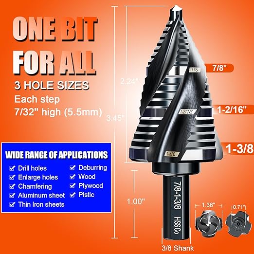Four Spiral Flute Step Drill Bit for Metal,M35 Cobalt Unibit Step Drill Bit Set 1/4" - 1-3/8"(19 Sizes),Wear-Resistant AlTiN Coated,3/8" Hex Shank for Metal, Stainless Steel, Aluminum, Plastic