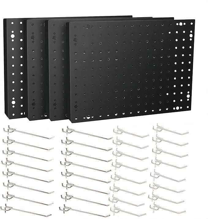 Heavy Duty 4 Panel Metal Peg Board with 32 Sturdy Hooks, Wall Pegs for Garage Organization, Garden Tools, Peg Board Organizer Accessories(Black,32" X 24")