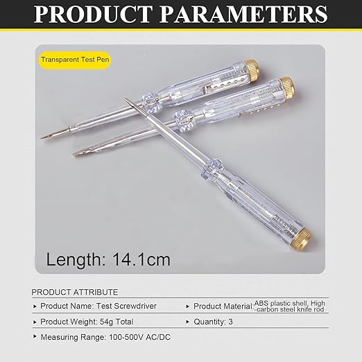 Fielect Test Screwdriver, Voltage Detector Pen Light Circuit Tester Electric Test Pen Screwdriver Neon Tube AC/DC 100-500V Clear 1pcs