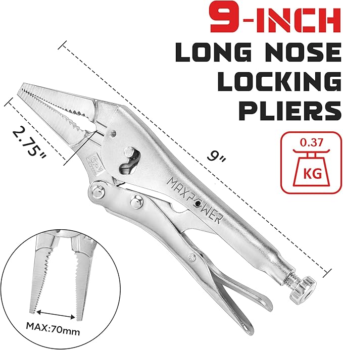 MAXPOWER 9-inch Long Nose Locking Pliers, Locking pliers with Two-position Opening Adjustment, Max Jaw Opening 3.14"