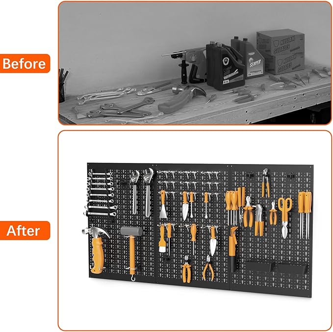 TORACK 3Pcs Metal Pegboard Panels for Garage Wall Utility Tools Storage Pegboard for Workbench, Modular Peg Board Tool Organizer Board Kit(Pack of 3, Black)
