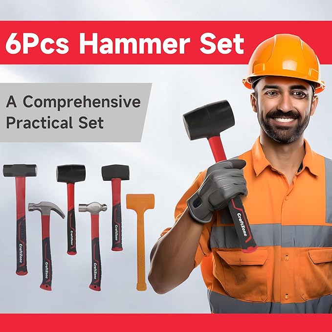 6-Piece Rubber Mallet Hammer Set with 2lb Dead Blow - 3lb Sledge & Stoning - 16oz Ball Pein Claw Hammers | Anti-Vibration Fiberglass Handles for Construction Metalworking Automotive & DIY Projects