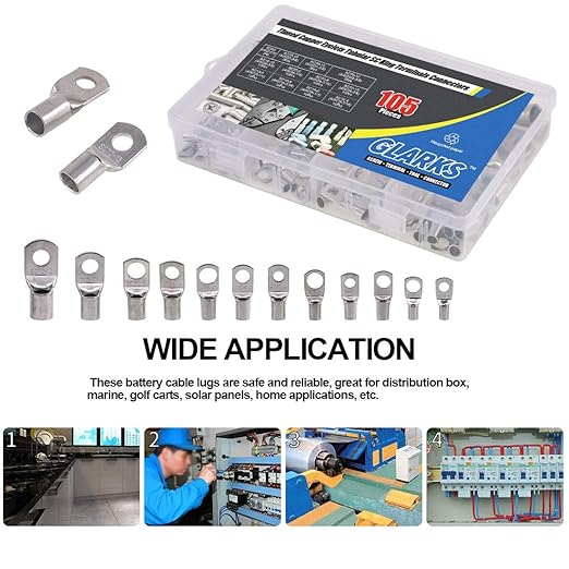 Glarks 105Pcs 12 Type Heavy Duty Wire Lugs Battery Cable Tinned Copper Eyelets Tubular SC Ring Terminals Connectors with Spy Hole Assortment Kit