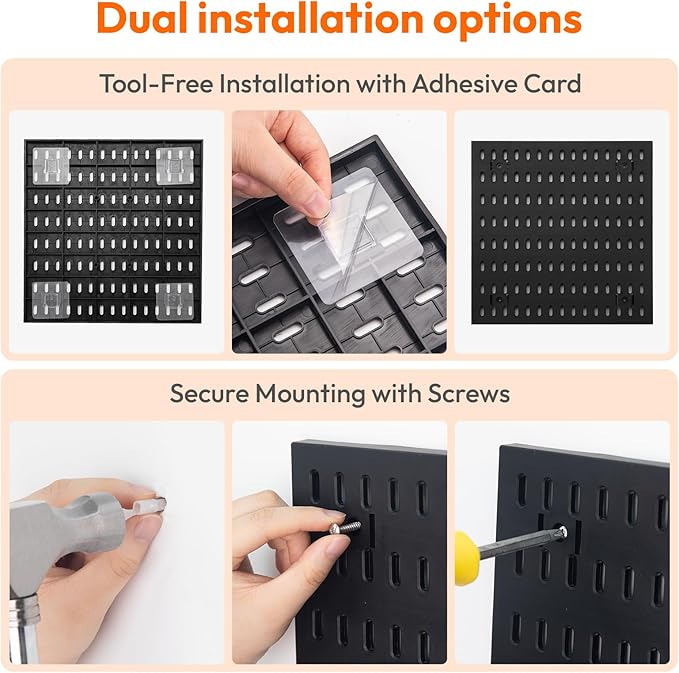 4Pcs Black Peg Board Wall Organizer, Plastic Pegboard Panel, Garage Storage Tool Organizer for Wall, Craft Room, Kitchen, Workshop, Office, Includes Hooks and Bins