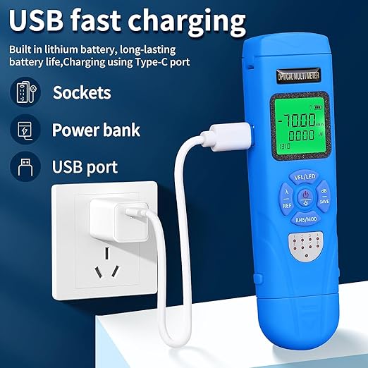 Rechargeable Optical Power Meter L-C70-50km mini Fiber Cable Tester Suitable for SC/FC/ST/LC Interface 4-in-1 Function Built-in 50km Visual Fault Locator RJ45 Network Testing with 1 FC-LC Adapter
