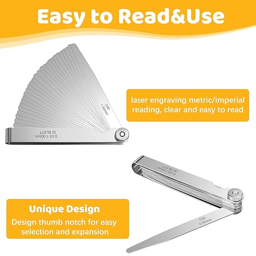 32 Blades Stainless Steel Feeler Gauge, Metric and Imperial Gap Measuring Tool Width and Thickness Feeler Gage Gauge for Spark Plug, Valve Adjustment Tool, 0.03-1mm (0.001-0.040 Inch)