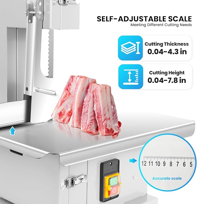 1800W Commercial Electric Bone Saw Machine, 0-7.8 Inch Cutting Thickness, 2.8HP Frozen Meat Cutter 110V Bandsaw Machine, 15" x 20" Table Sawing for Frozen Meat Rib Pork Beef with 8 Saw Blades