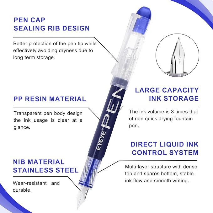 EYEYE Fountain Pens for Writing, 9 Pack Blue Disposable Fountain Pens Stainless - Image 3