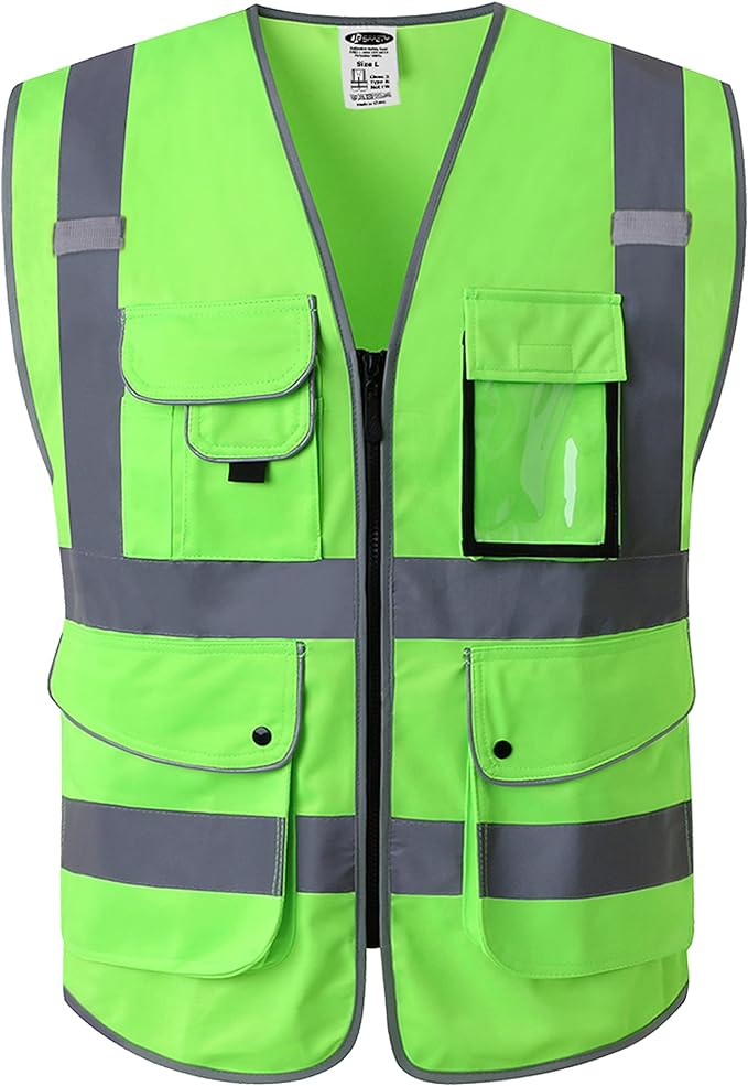 JKSafety 9 Pockets Class 2 High Visibility Zipper Front Safety Vest With Reflective Strips, Meets ANSI/ISEA Standards (150-Green, XX-Large)