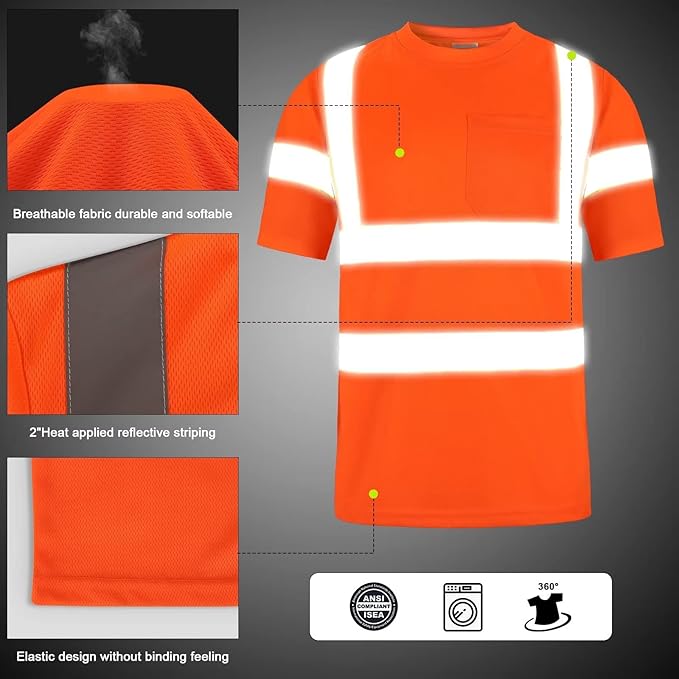 High Visibility Class 3 T Shirts，Hi Vis Safety Shirts with Reflective Strips and Pocket, Short Sleeve Quick Dry Mesh Construction Work Shirt for Men/Women Orange,4XL