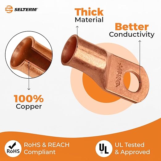 SELTERM 25pcs 4/0 AWG 1/2" Stud Battery Lugs, Ring Terminals, Heavy Duty Copper Wire Lugs, Battery Cable Ends, 0000 Gauge Ring Terminal Connectors, UL Bare Copper Eyelets Electrical Battery Cable Lugs