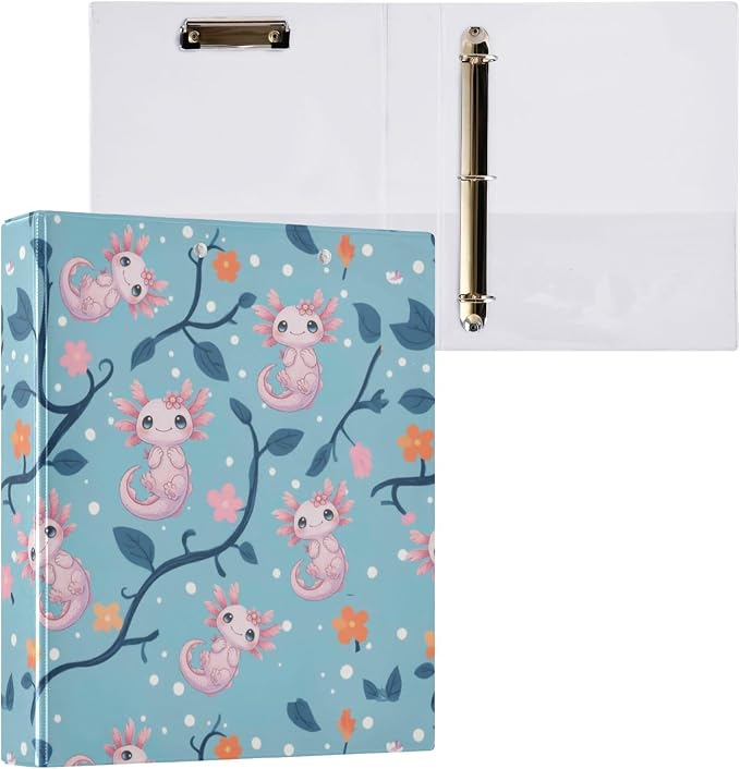 Cute Pink Axolotl Round Ring Binders 1.5 Inch Aquatic Plant Amphibian Blue 3 by Wamika