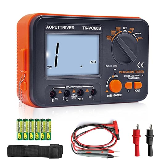 Megohmmeter 1000V Insulation Resistance Tester, 1999 Counts Megaohm Meter Big LCD Display DCV ACV Megohm Meter DC250/500/1000V, 200MΩ~2000MΩ Resistance Testing with Data Hold Backlit for Motor Cables