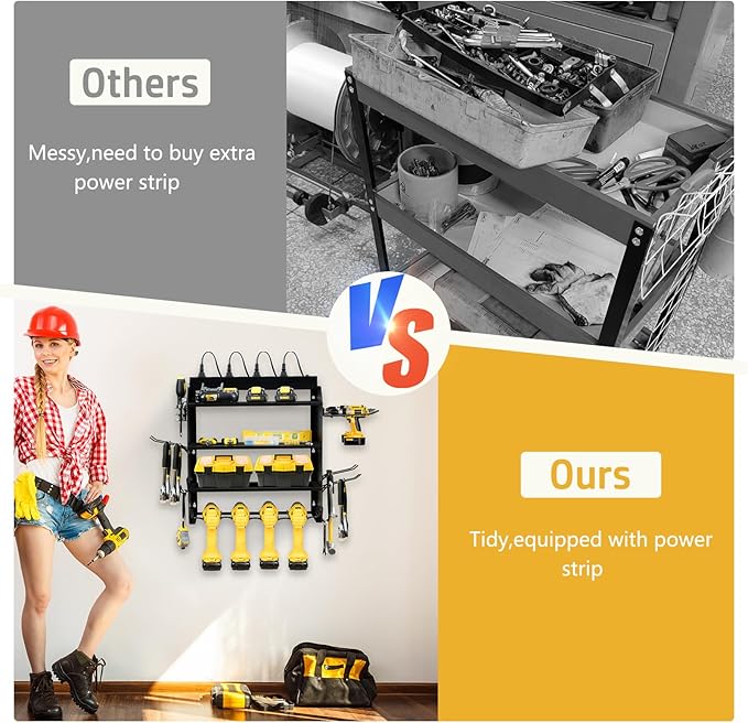Modular Power Tool Organizer Wall Mount with Charging Station,8 Outlets,4-Layer,6 Drill Holders,4 Hooks,Metal drill holder wall mount,6.5ft Cord,Garage,Workbench,Workshop,Black