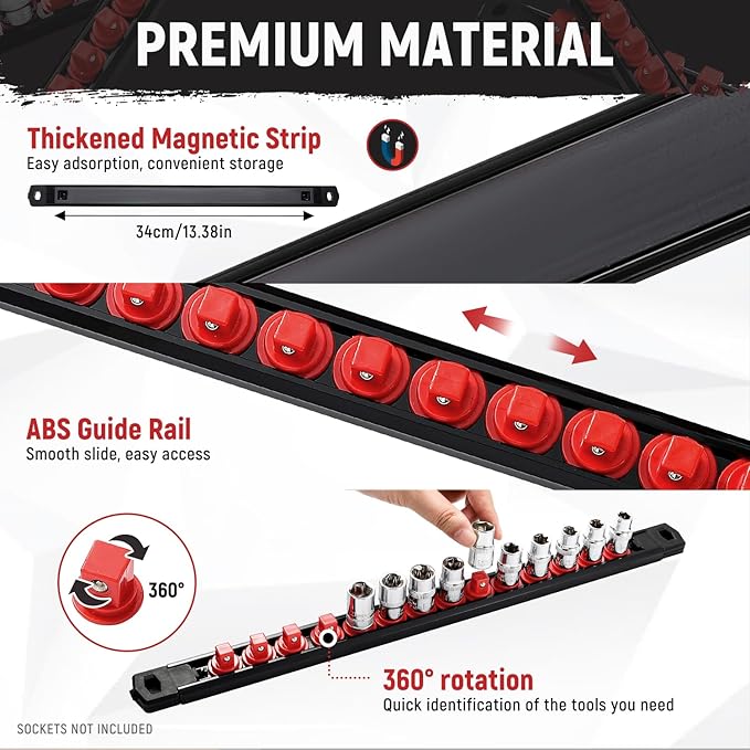Magnetic Socket Organizer, 3-Piece Heavty Duty ABS Socket Holder, Socket Rail for Tool Box, Premium Quality 360° Swivel Socket Rack with 40 Clips for 1/2, 3/8, 1/4-Inch(Red)