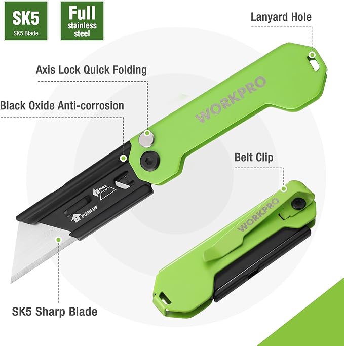WORKPRO 3-Pack Folding Utility Knife, Razor Blade Knife with Safety Axis Lock, Quick Change Blade Box Cutter, EDC Pocket Knife with Belt Clip