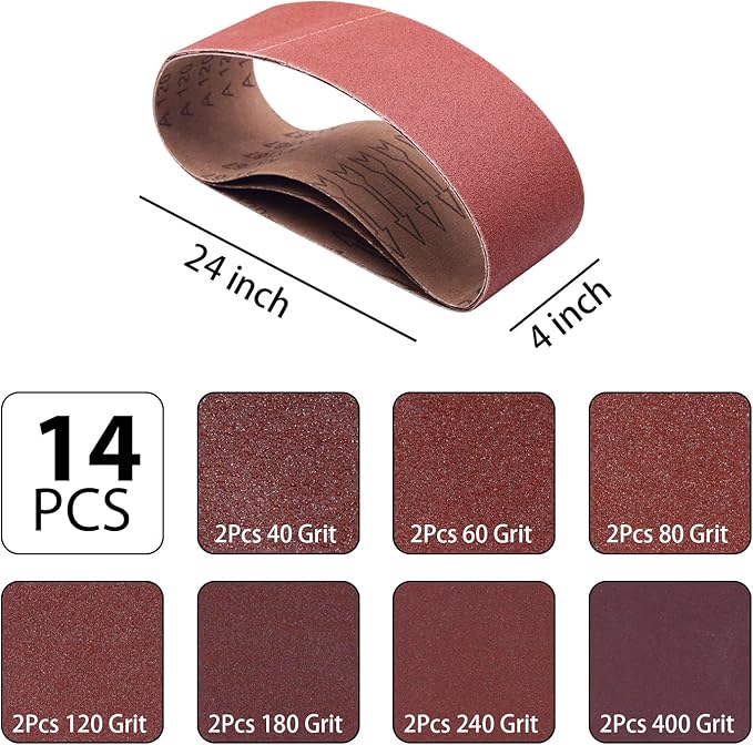 14 Pcs 4x24 Belt Sander Sanding Belts,Aluminum Oxide Sander Belts,2 Each of 40/60/80/120/180/240/400 Grits Sander Belts For 4 x 24 Belt Sander